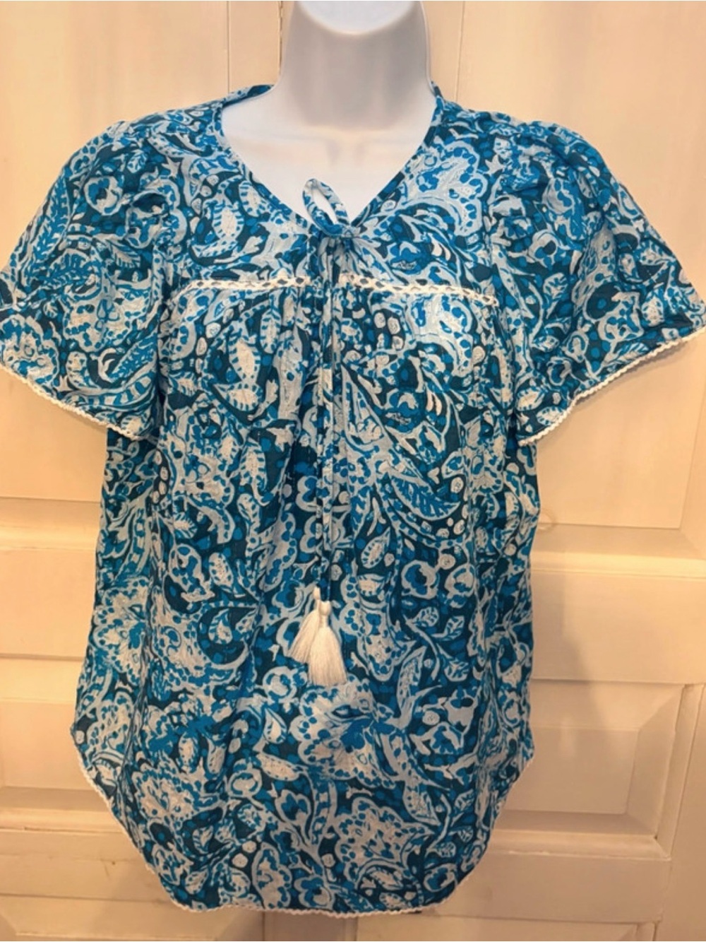 M&S Collection Boho Blue Paisley with tasselsTie-Front Women's Blouse Small